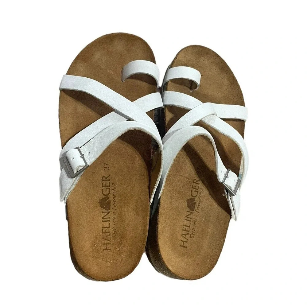 Haflinger Women's Bio Luna White Leather Cork Sandal Buckle Size EU 37 US 6